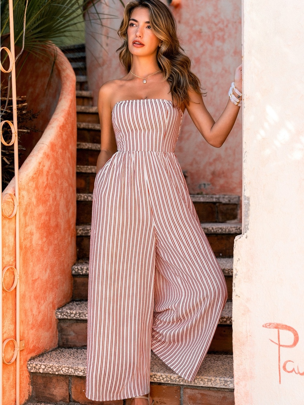 Cupshe Red & White Strapless Smocked Wide-Leg Striped Jumpsuit
